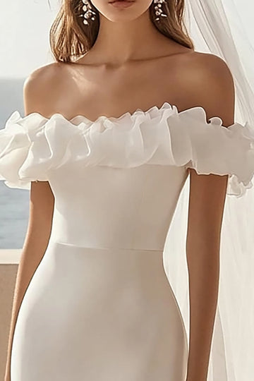 Off The Shoulder Bodycon White Satin Wedding Dress